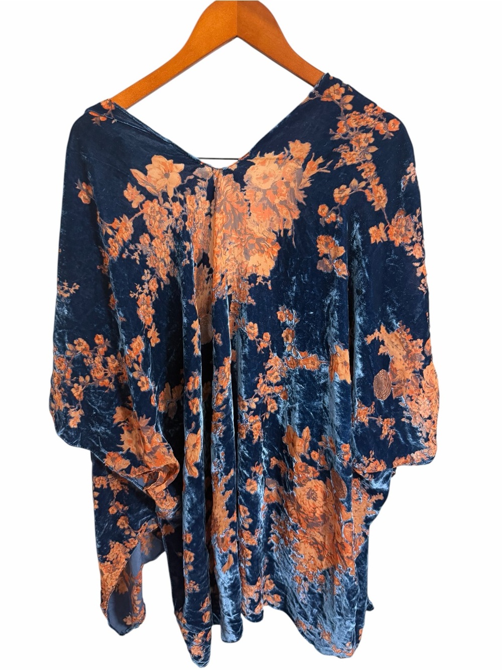 Navy Velvet Burnout Floral Kimono with Orange Blossom Print OS - Picture 2 of 6